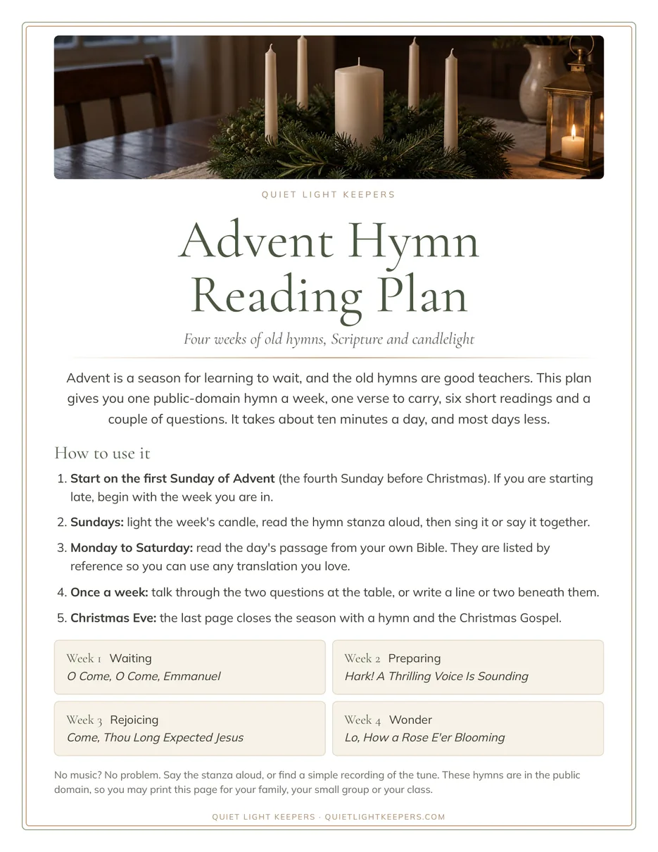 Cover page of the Advent Hymn Reading Plan: four weeks of old hymns, Scripture and candlelight