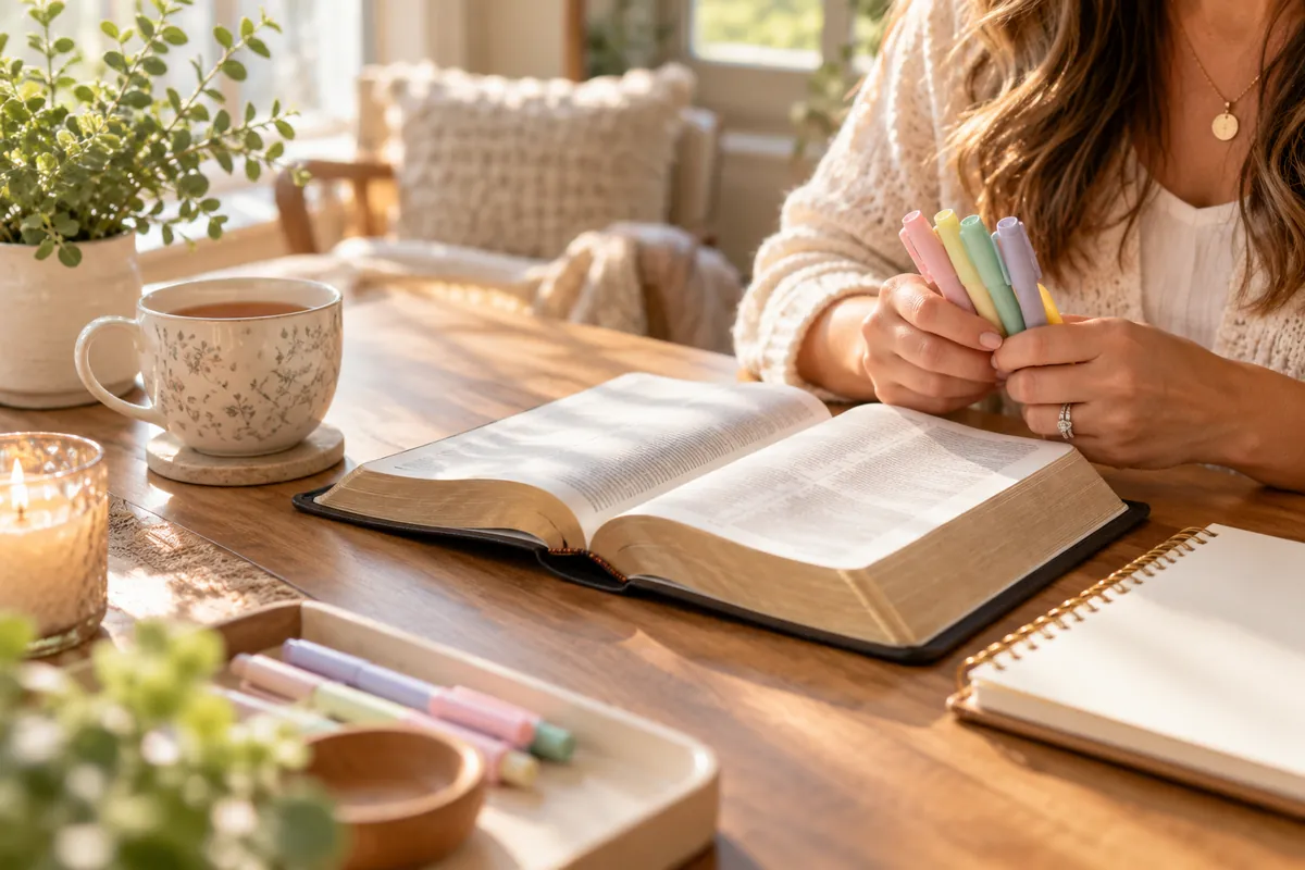 Hands hold pastel highlighters over an open Bible beside a cup of tea, a candle and a spiral notebook