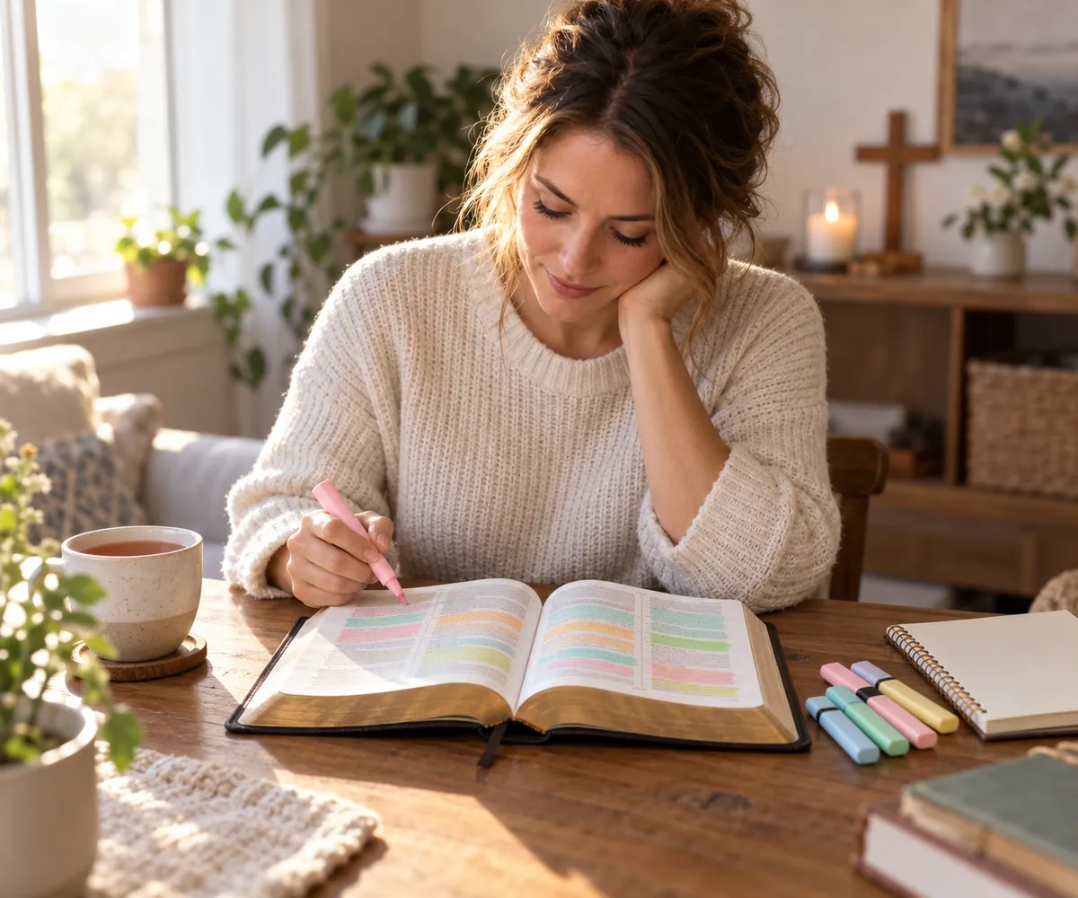 A woman marks an open Bible with a pink highlighter, pastel highlighters and a notebook beside her