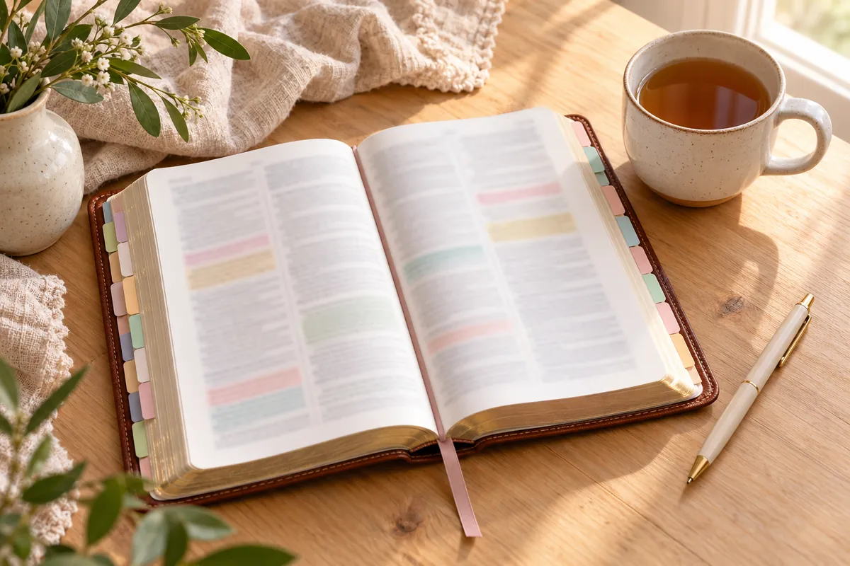 Open Bible with pastel highlighted lines and colored page tabs beside a pen and a cup of tea