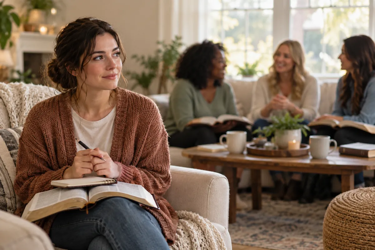 Woman in a rust cardigan holding a pen and open Bible in a cozy living room while three women talk behind her