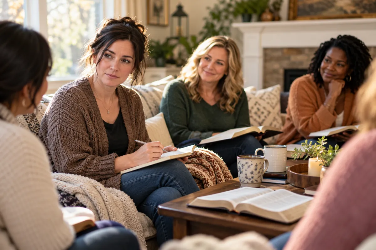 Women sitting in a cozy living room with open Bibles, notebooks, and coffee mugs, listening to one another