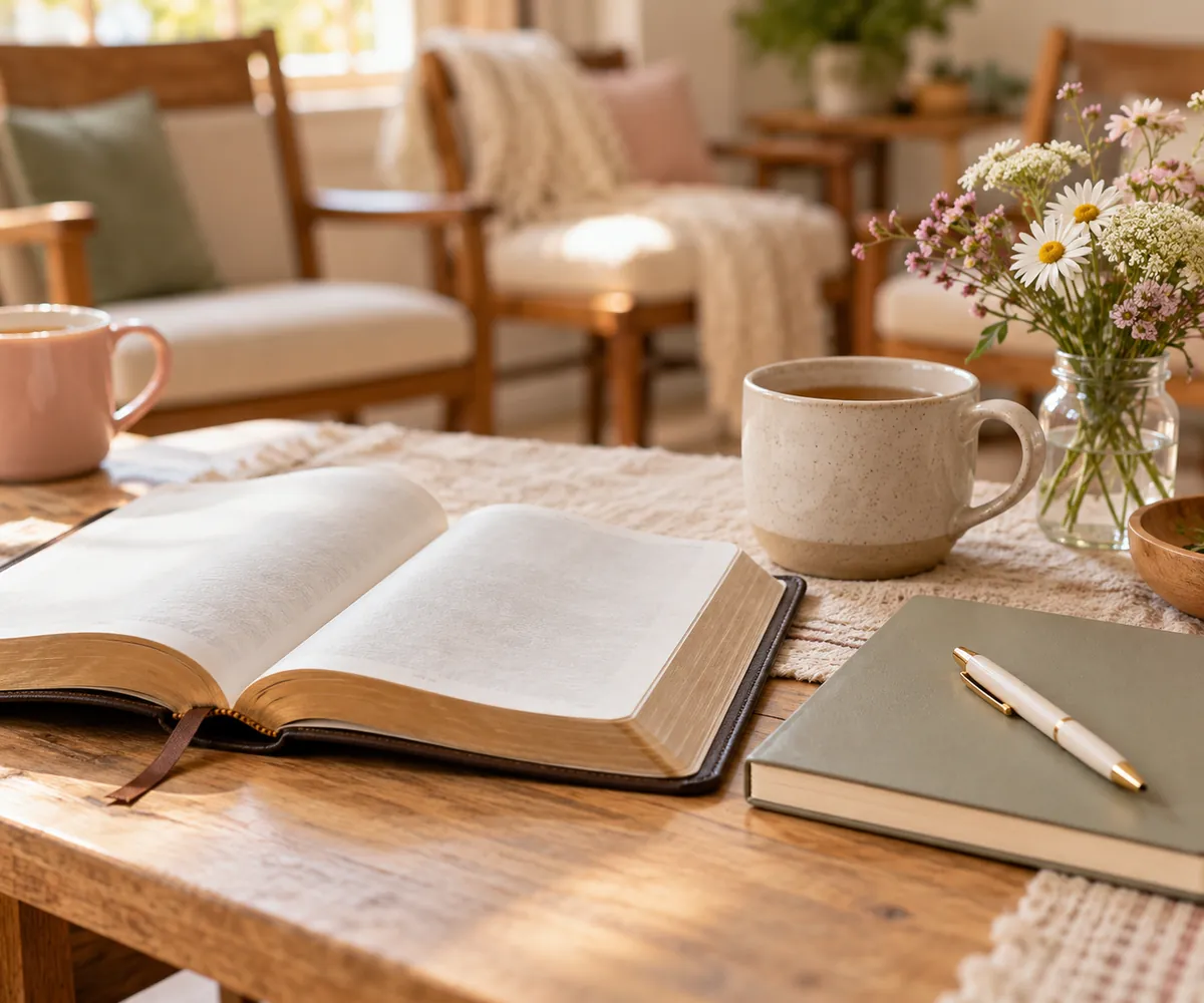 Open Bible, journal and pen, tea mugs and daisies on a wooden table in a sunlit living room