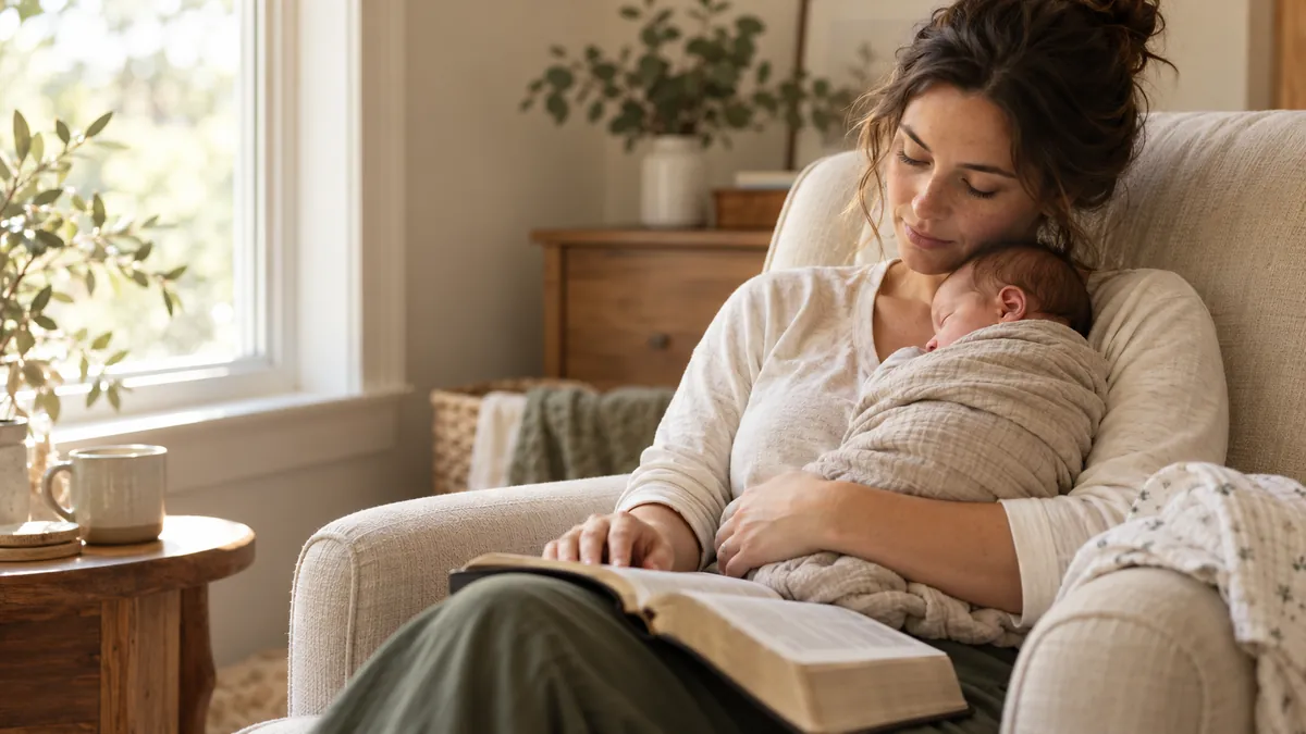 Woman in an armchair holding a swaddled sleeping baby with an open Bible on her lap beside a sunny window