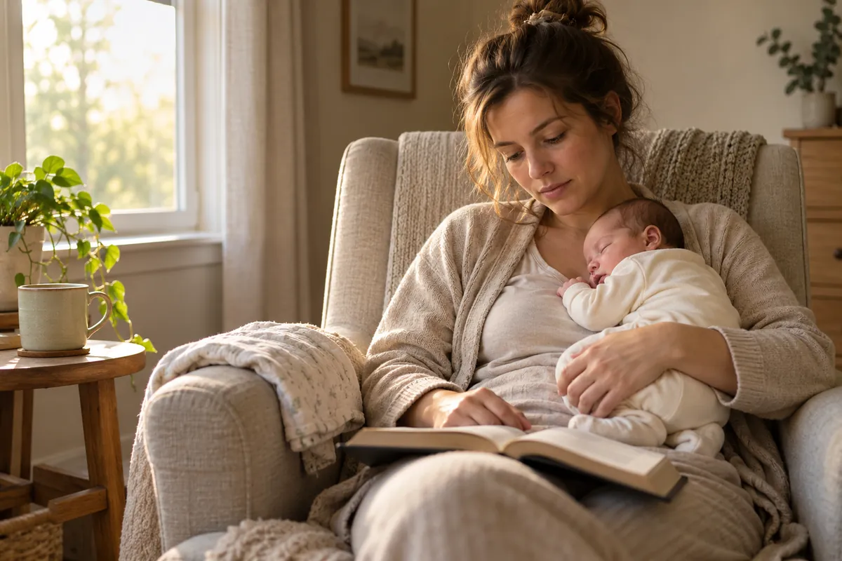Woman in a cardigan sitting in an armchair with a sleeping newborn on her chest and an open book on her lap
