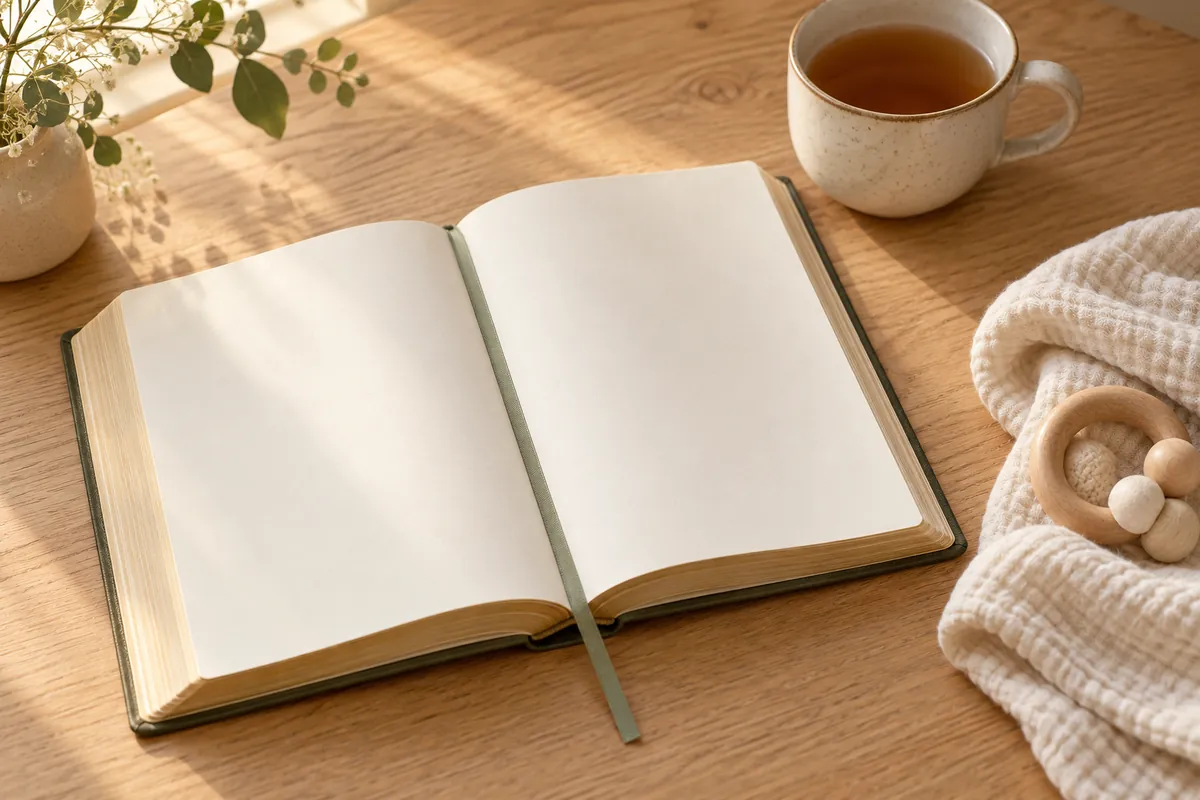 Open blank book on a wooden table beside a cup of tea, a muslin blanket, a wooden teether and a small flower vase