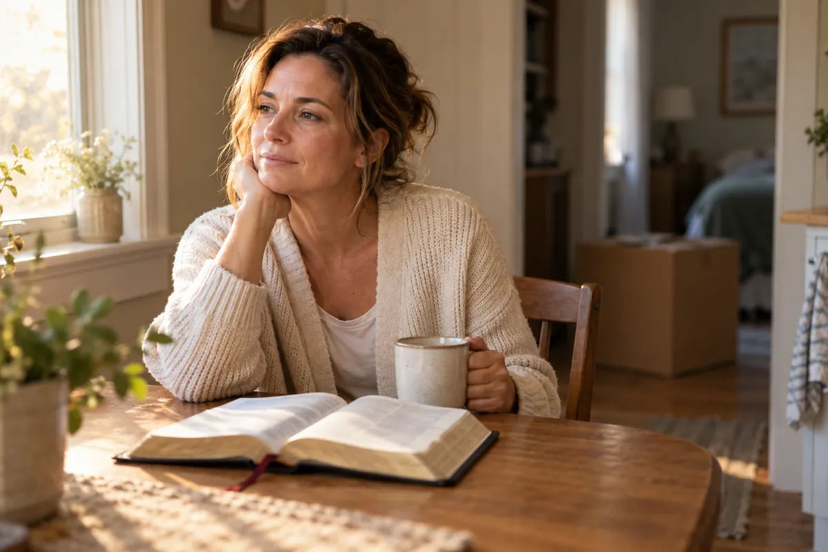 Woman in a cream cardigan resting her chin on her hand at a wooden table with an open Bible and a mug