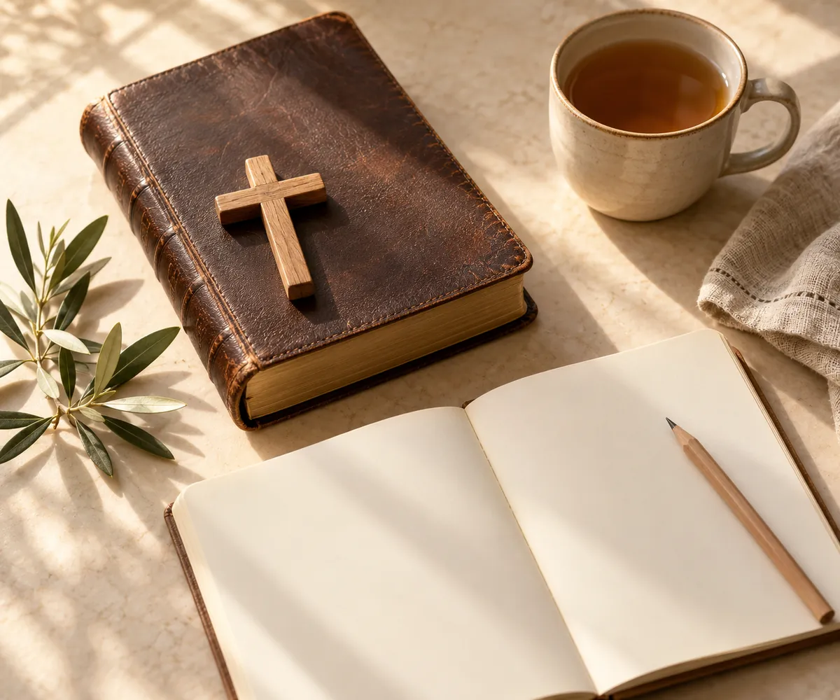 Leather Bible with a small wooden cross, open blank journal and pencil, tea mug, and olive sprig in soft sunlight