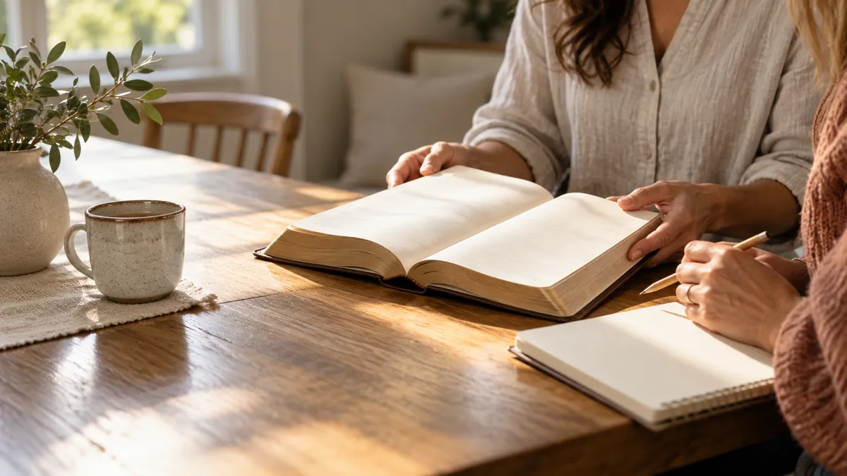 Two women at a sunlit wooden table with an open Bible, a notebook and pencil, and a ceramic mug