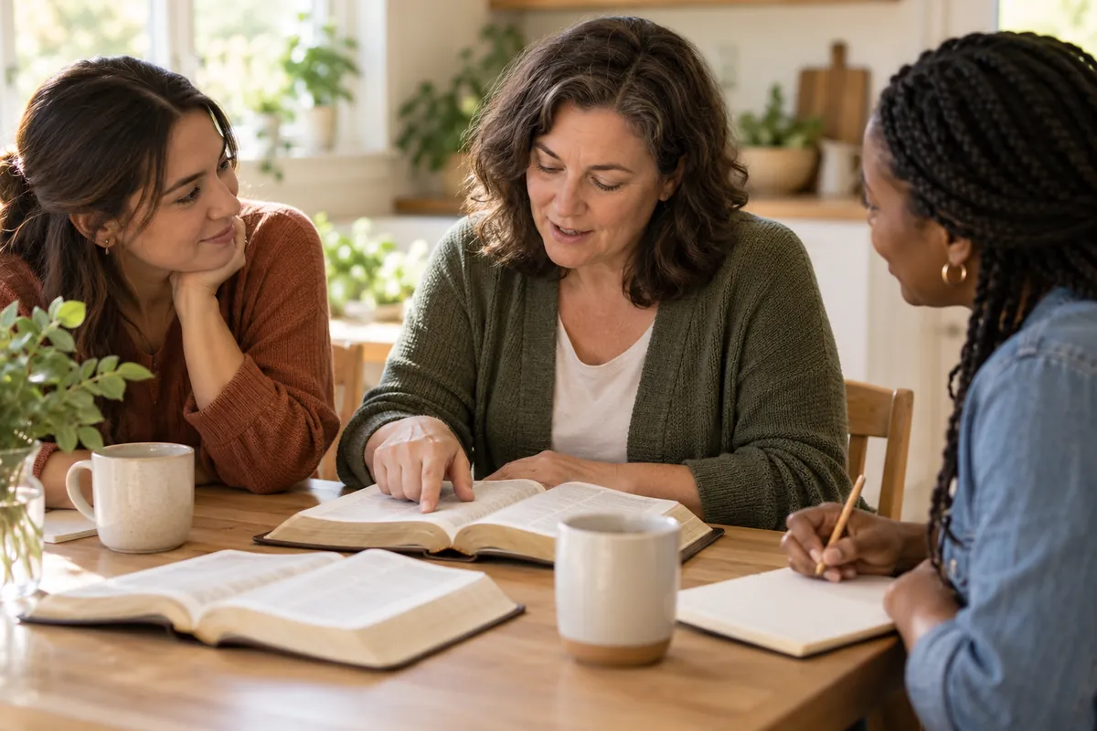 Three women around a wooden kitchen table with open Bibles, mugs, and a notebook as one points to a page