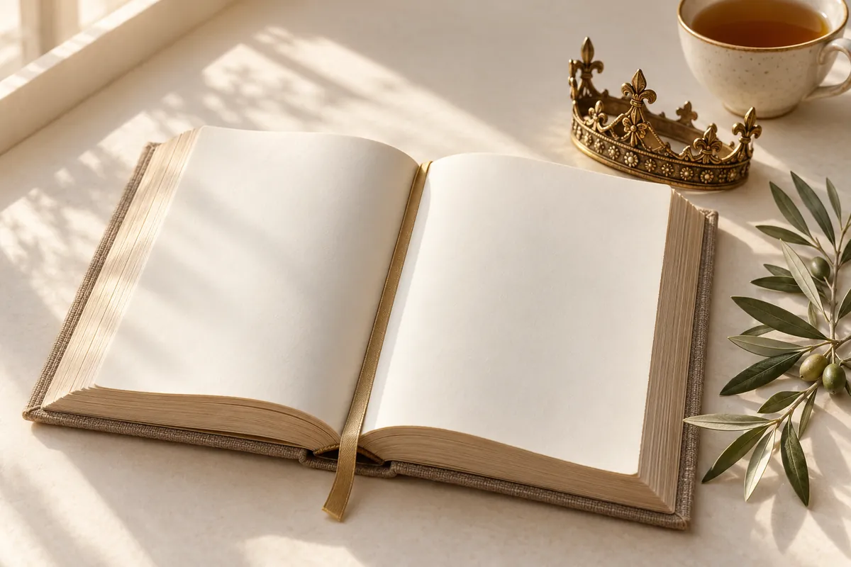 Open blank-paged book with gold ribbon beside a small brass crown, olive sprig and cup of tea in sunlight