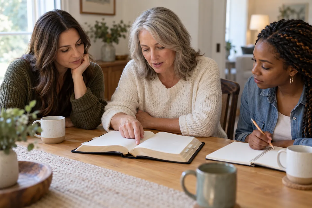 Three women studying an open Bible and notebooks at a wooden table with coffee mugs in a bright living room