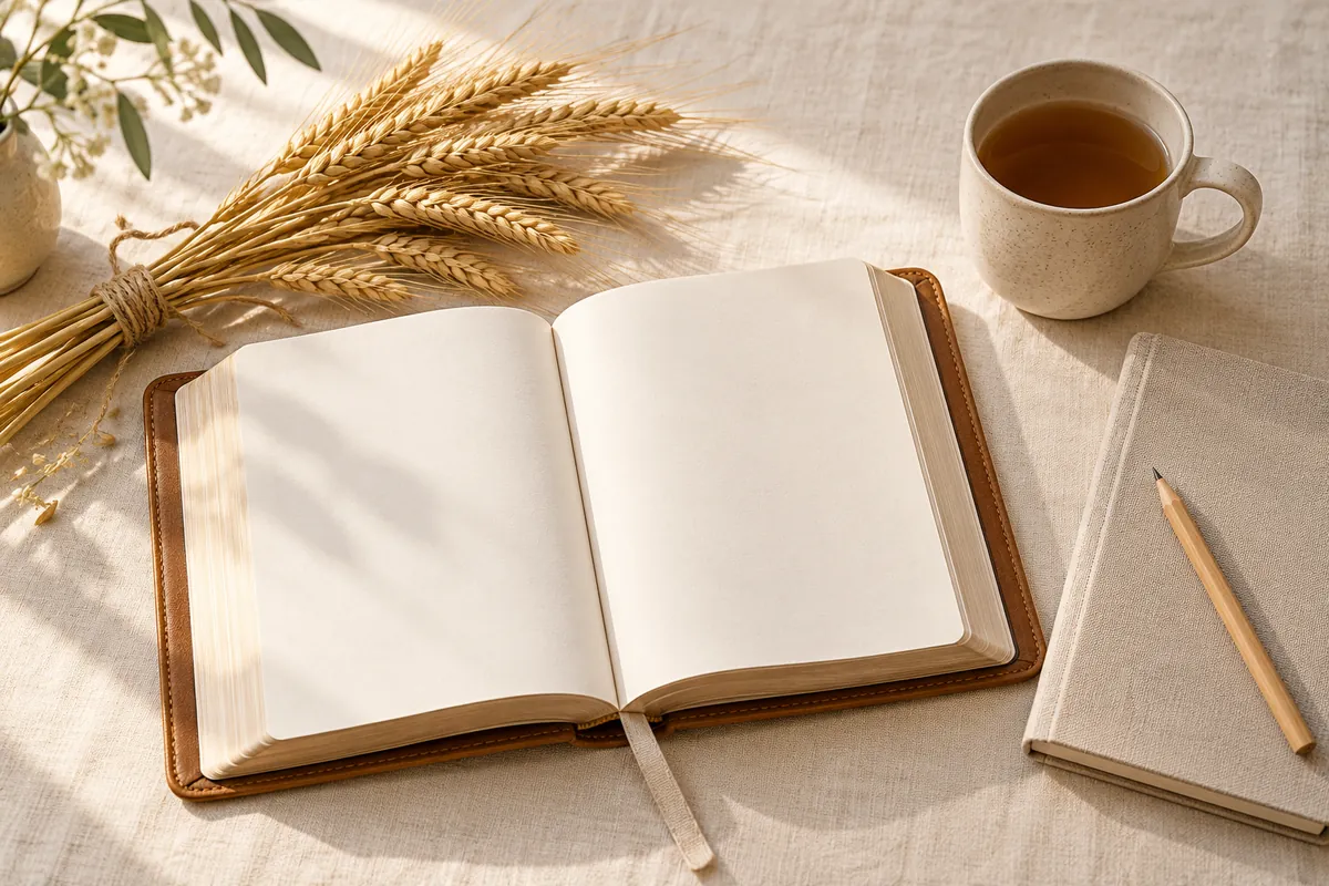 Open blank leather journal beside a wheat bundle, a cup of tea, a linen notebook and a pencil on cloth