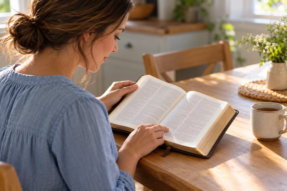 Woman in a blue blouse reading an open Bible at a sunlit wooden kitchen table with a mug and flowers