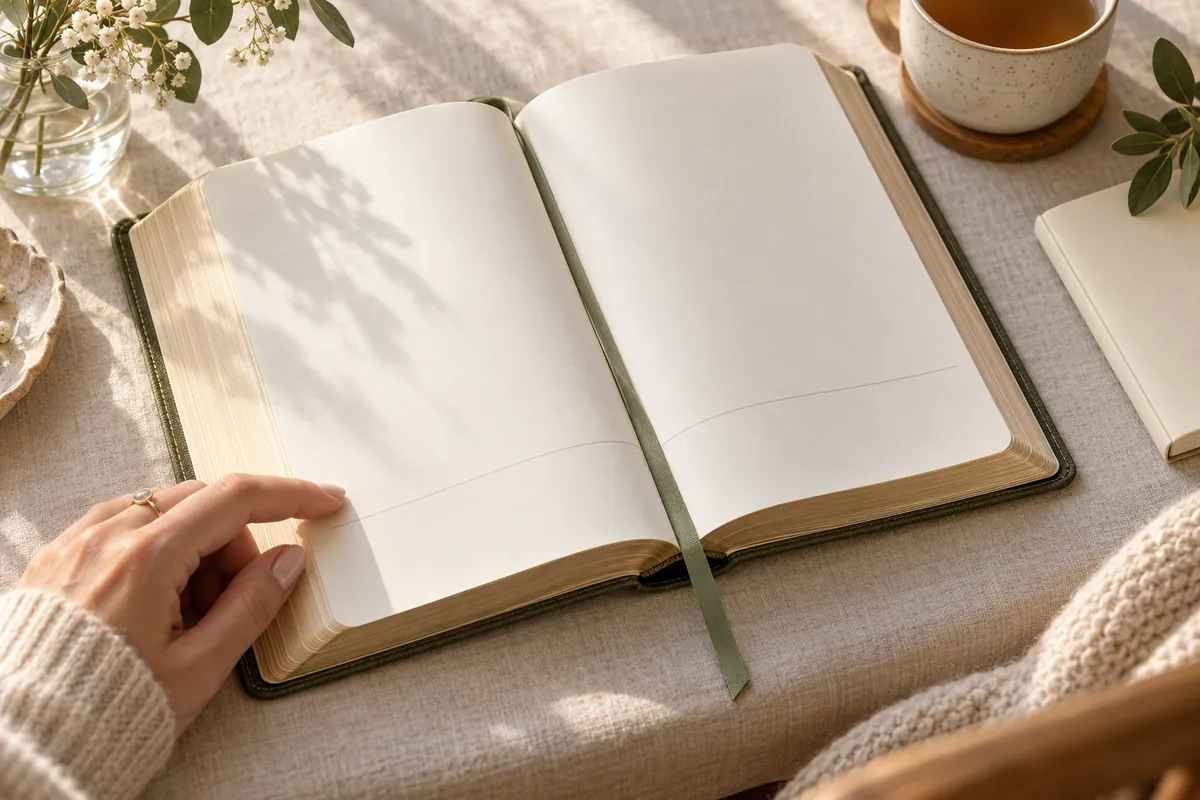 Hand resting on an open Bible with blank pages and a green ribbon, beside a teacup and baby's breath flowers