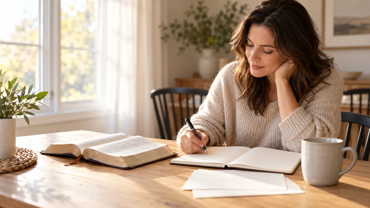 Woman in a cream sweater writing in a notebook at a wooden table beside an open Bible and a mug
