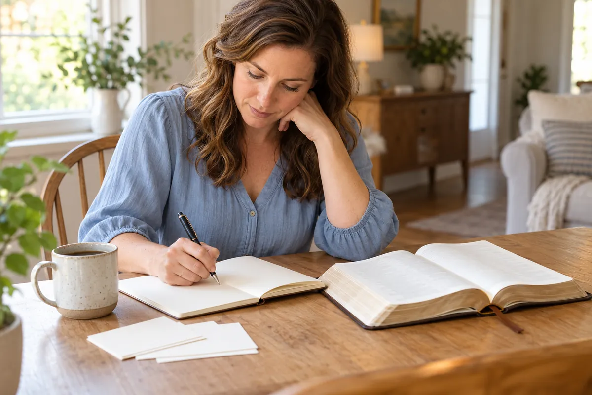 Woman writing in a notebook at a wooden table beside an open Bible and a speckled coffee mug