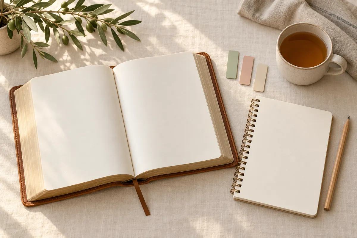Open leather Bible with blank pages beside a spiral notebook, pencil, sticky tabs, tea and an olive branch