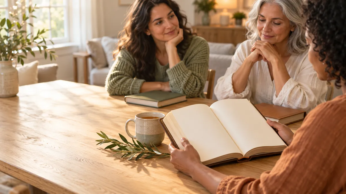 Three women listening around a wooden table with an open book, a ceramic mug and an olive sprig
