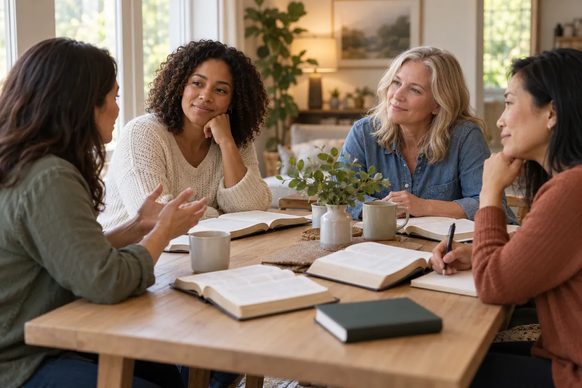 Four women talking around a wooden table with open Bibles, mugs, and a small potted plant