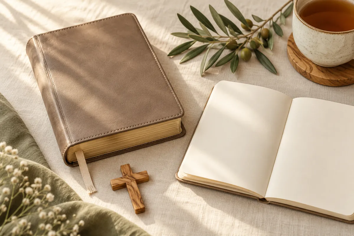 Leather Bible, open blank notebook, olive branch, wooden cross and cup of tea on a linen cloth