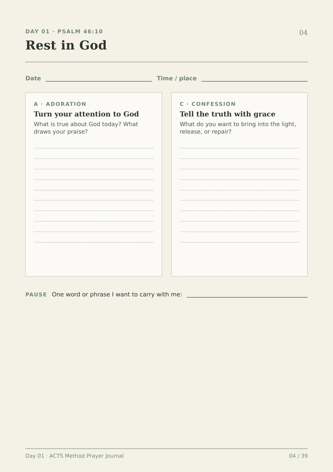 ACTS Method Prayer Journal — Day One Part One