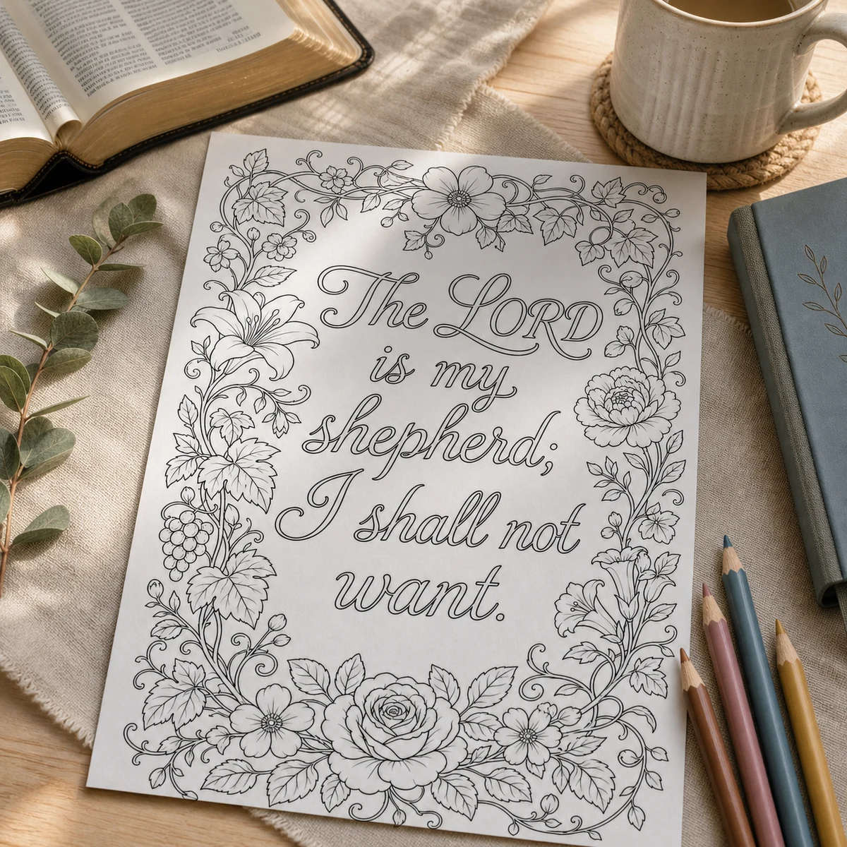 Psalm 23 — Scripture Coloring Page — Botanical linework, a single verse to sit with